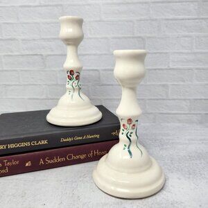 Pair Vintage Ceramic ROSES and Ribbons Floral Taper Candlesticks Candle Cottage